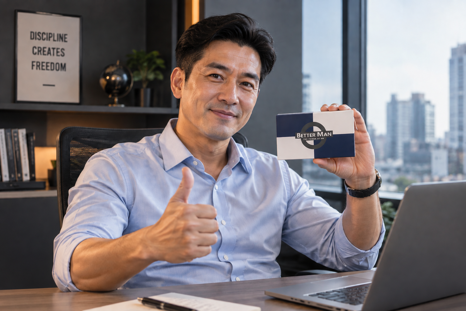 成熟男性在办公室手持 Better Man 产品并比赞