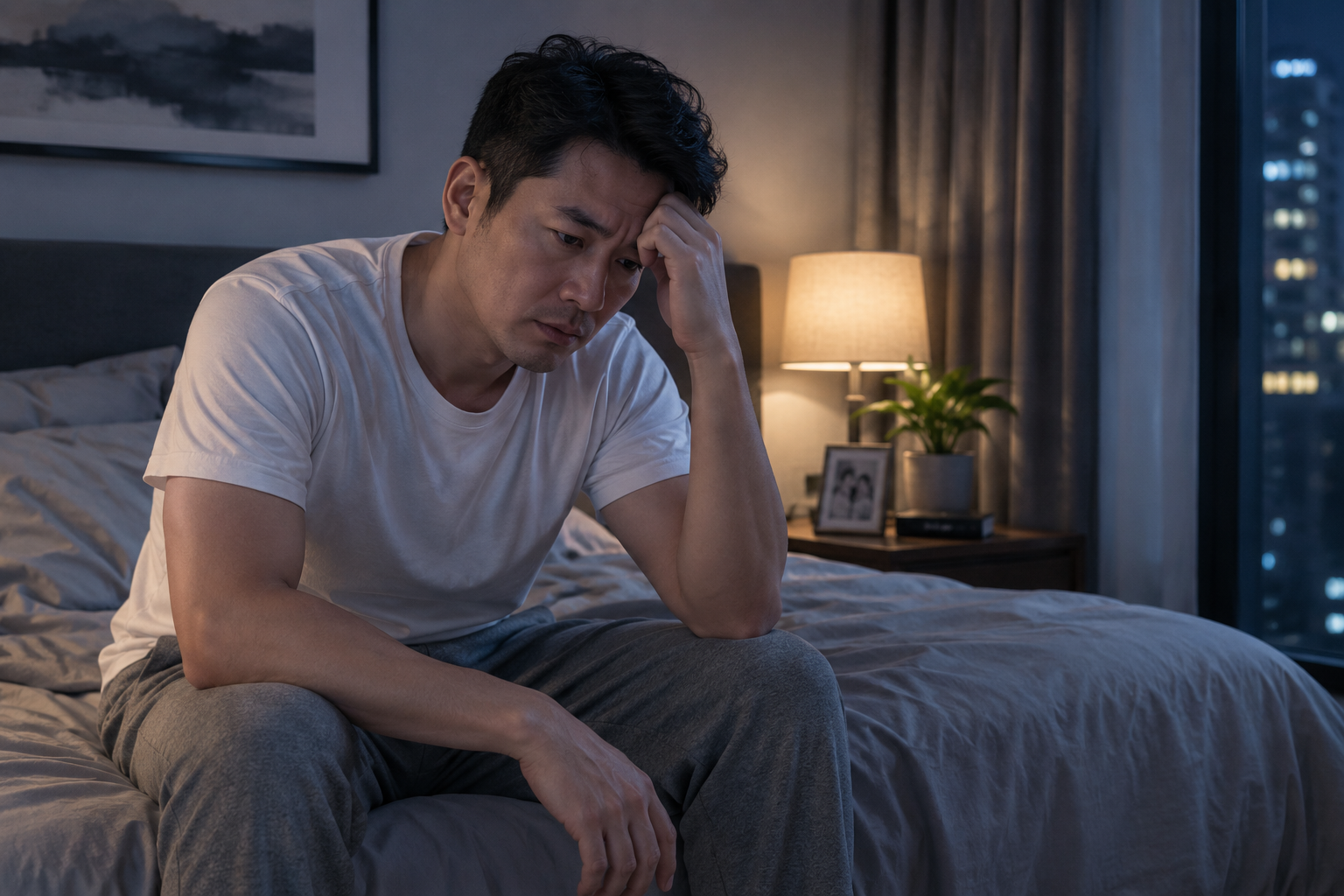 夜晚坐在床边疲惫思考的成年男性